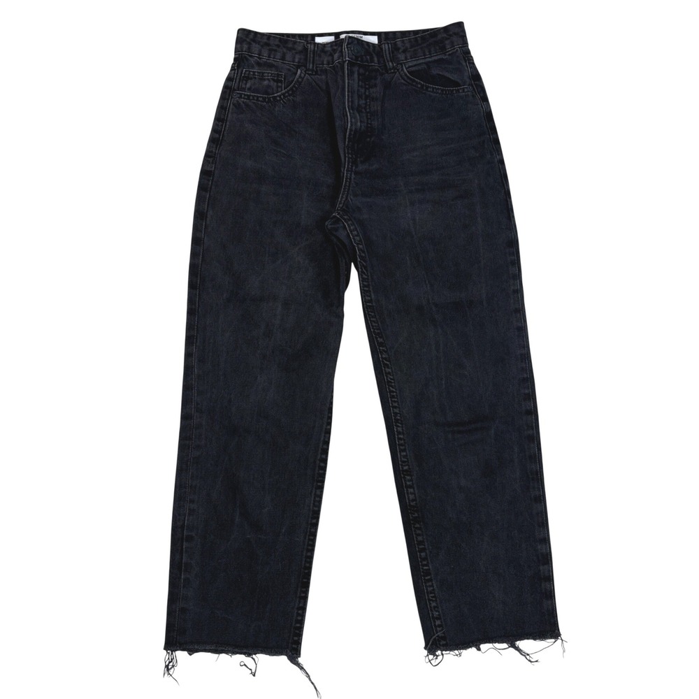 Bershka Mom Fit Jeans Washed Black High Rise Raw Hem Grunge Indie Size 2